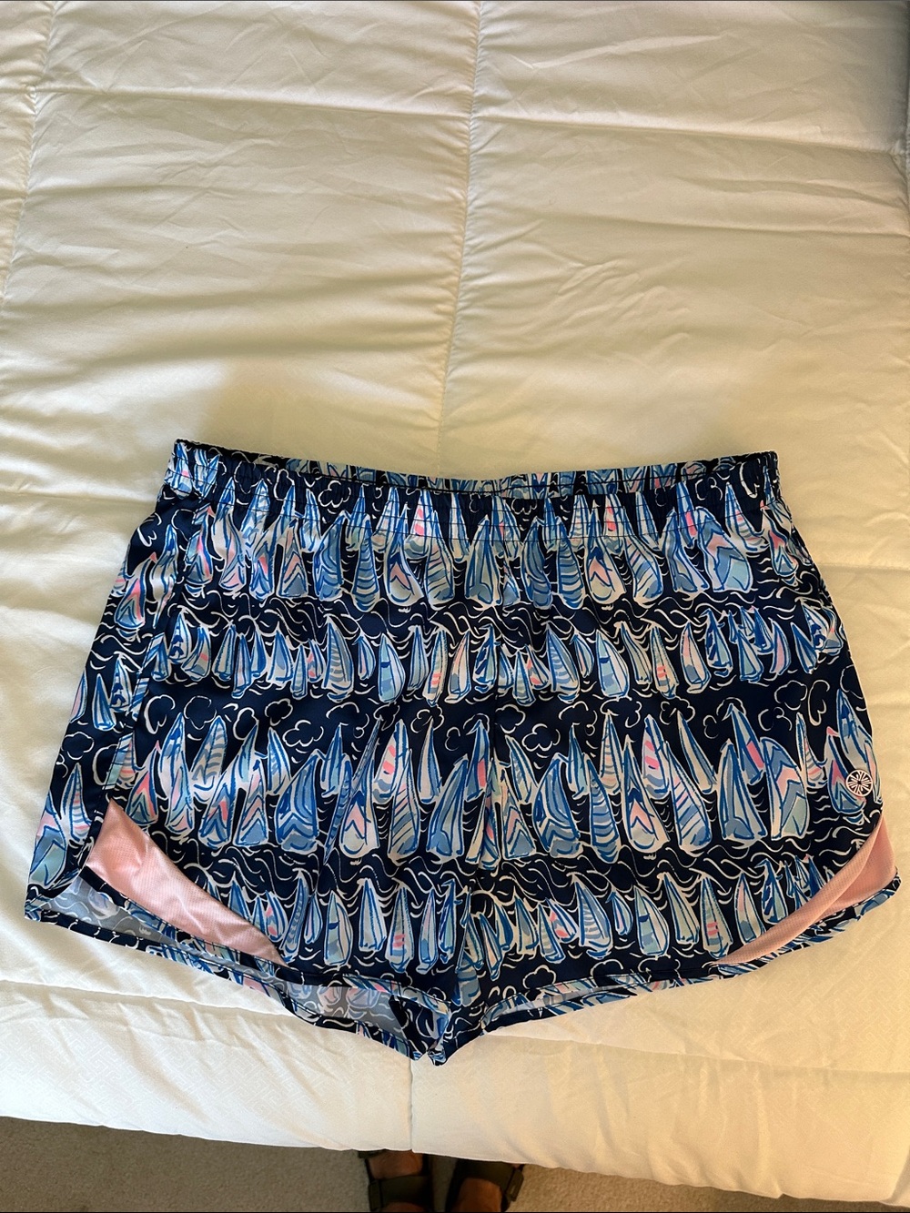 Lilly Pulitzer Navy Sailboat Print Athletic Shorts with Pink Trim